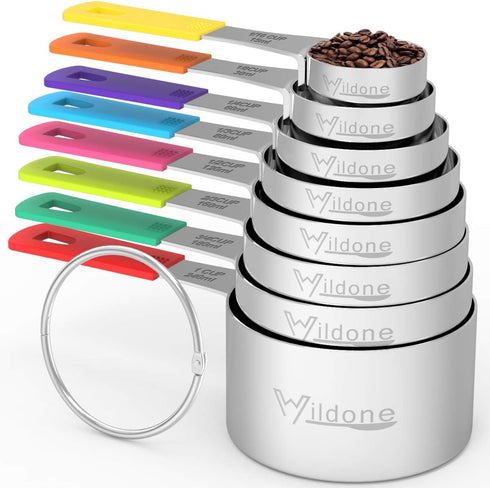 Wildone 8-Piece Measuring Cups Set, Stainless Steel Nesting Cups for Dry and Liquid Ingredients, Dishwasher Safe