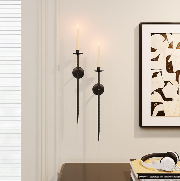 Candle Wall Sconce Set of 2, Large Twisted Wall Mount Metal Black