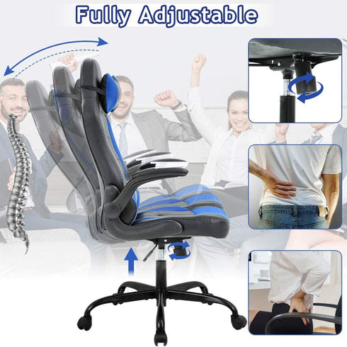 Blue Gaming Chair - Ergonomic High Back Office Desk Chair with Adjustable Lumbar Support, Flip-Up Arms & Headrest - PU