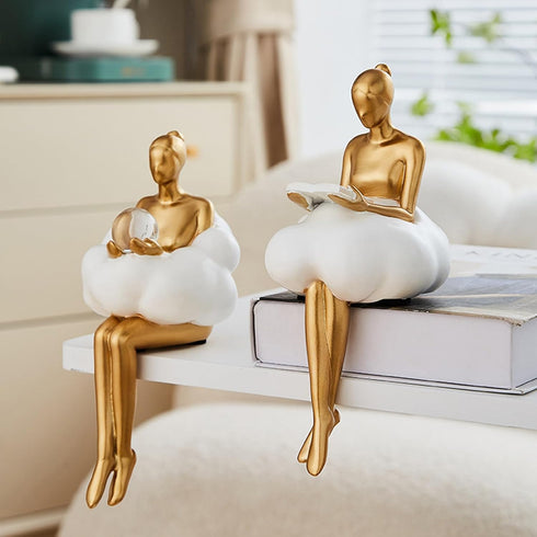 Gold Home Decor Women Thinker Statue, Modern Bookshelf Figurines Accent Decorations for
