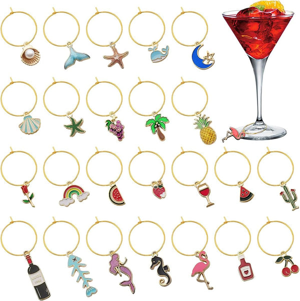 24 Pieces Wine Charms, Drink Markers for Stem Glasses with Hanging Rings, Funny Identifier Tags for Parties
