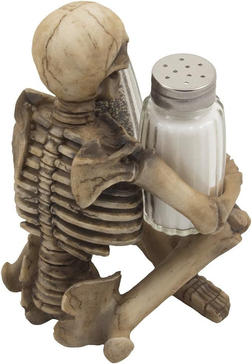 Home 'n Gifts Set Scary Skeleton Glass Salt and Pepper Shaker with Decorative Spice Rack Display Stand Holder Figurine