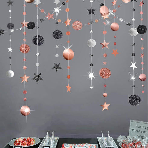 Decor365 Black Glitter Rose Gold Circle Garlands - Twinkle Little Star Party Decoration Hanging Banner Backdrop for