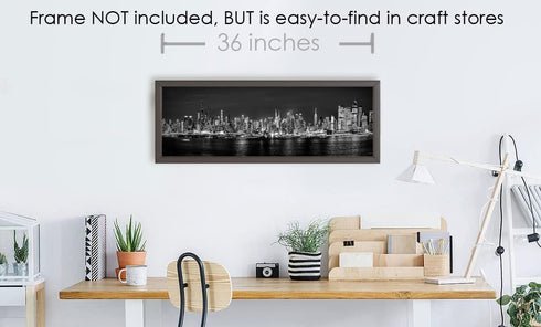 New York City 2022 Manhattan Midtown Skyline Photo Print, Unframed, Night Black & White, 11.75 x 36 inches