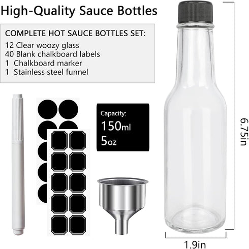 12 5 oz/ 150 ml pcs Hot Sauce Glass Bottles with Leak Proof Screw Cap,Orifice Reducer Dripper Insert, Clear Oil Bottle