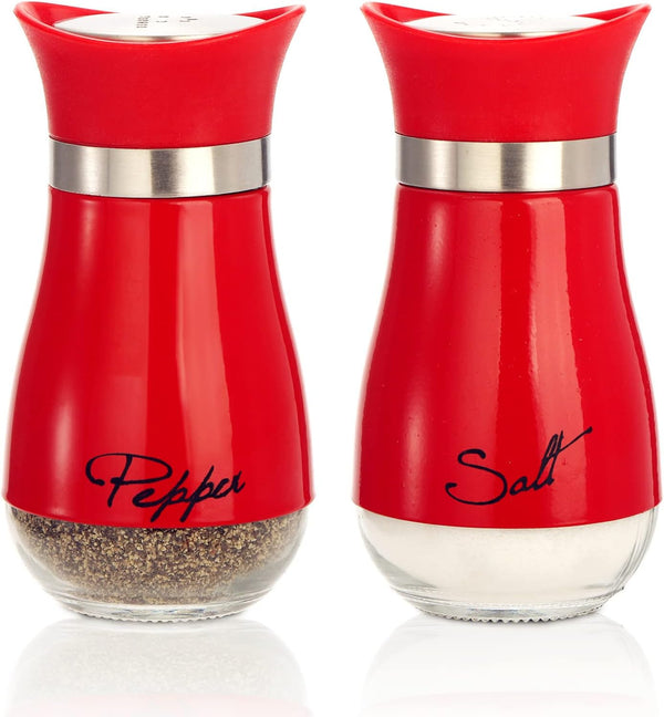 Tebery 4 Ounces Red Salt and Pepper Shakers Set, Elegant Stainless Steel with Glass Bottom