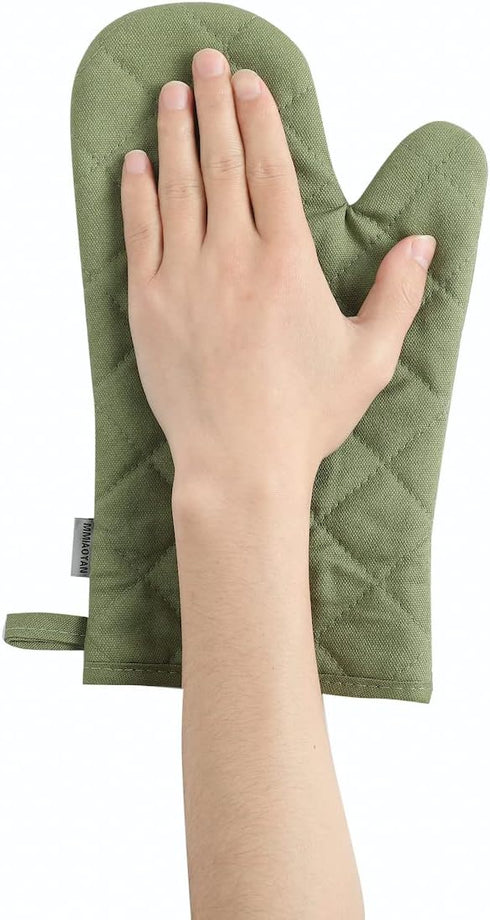Oven Mitts and Pot Holders Set, 4 pcs, High Heat Resistant 500 Degree Cotton Glove (12 Inch, Green)