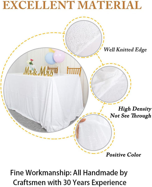 ShinyBeauty White Sequin Tablecloth, 60" x 102", Wedding Sparkle Linens, Rectangle Sequin Overlay