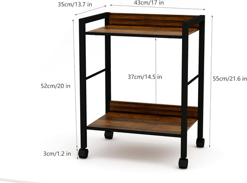 2-Tier Rolling Utility Cart Night Stand Organizer with Brown Wood Shelves and Black Metal Frame, End Side Table Storage
