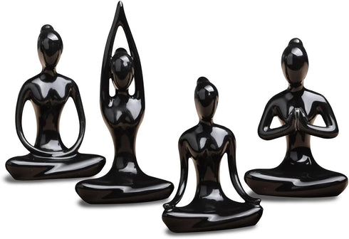 OwMell Lot of 4 Black Meditation Yoga Pose Statue Figurines Ceramic Figure Set Decor