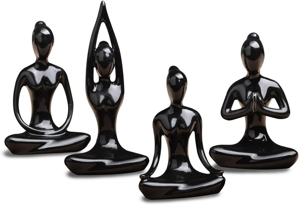 OwMell Lot of 4 Black Meditation Yoga Pose Statue Figurines Ceramic Figure Set Decor