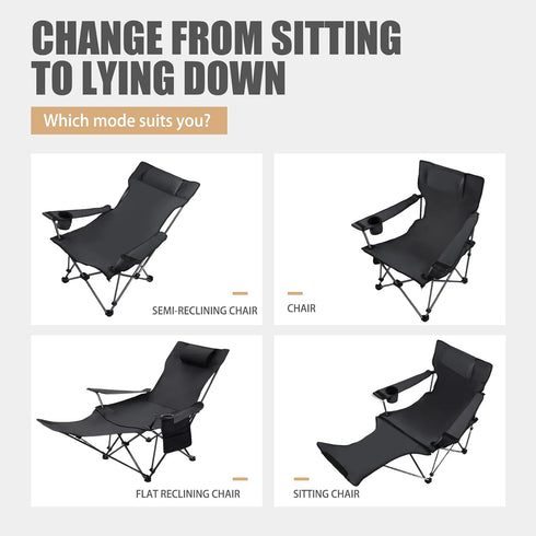 Reclining Camping Chair with Removable Footrest, Adjustable Camping Lounge Beach Chair with Padded Headrest, Cup Holder