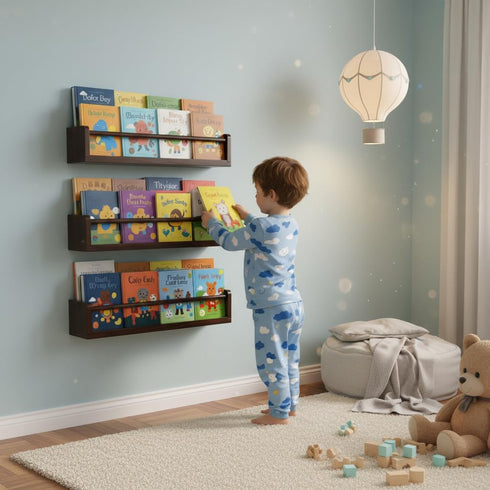 Set 3 16 Inch Deep Walnut Nursery Floating Shelves of Wall Mounted Kids Bookshelf & Toy Organizer Rustic Pine Hanging