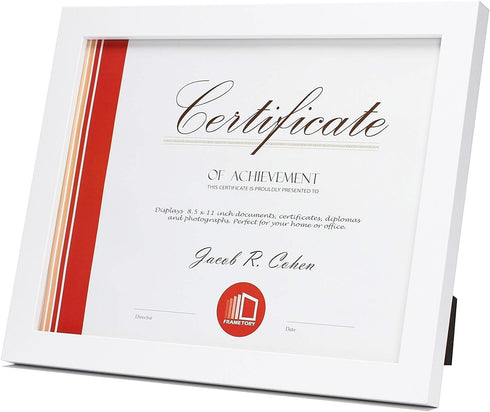Frametory 8.5 x 11 Picture Frame with Back Hangers for Wall Display, Easel Stand for Certificates and Documents (White,