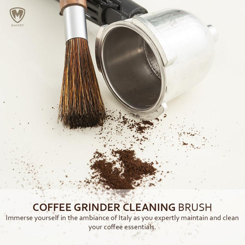 MAGNET Professional Coffee Grinder Cleaning Brush, Natural Bristle with Magnetic Snap, Walnut Handle