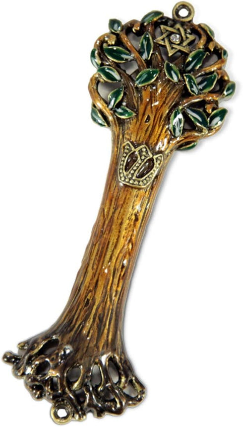 Mezuzah Case Cover with Tree of Life Artwork, Wooden Texture Design, 4" Brass Crafted for Jewish Homes, Rainbow Color
