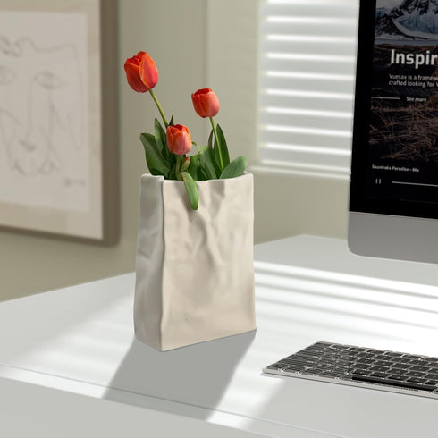 8 Inch Relexome Paper Bag Vase Crinkle Wide Ceramic Flower Vase Cream White Boho Wabi-Sabi Vases, Cute Home Office