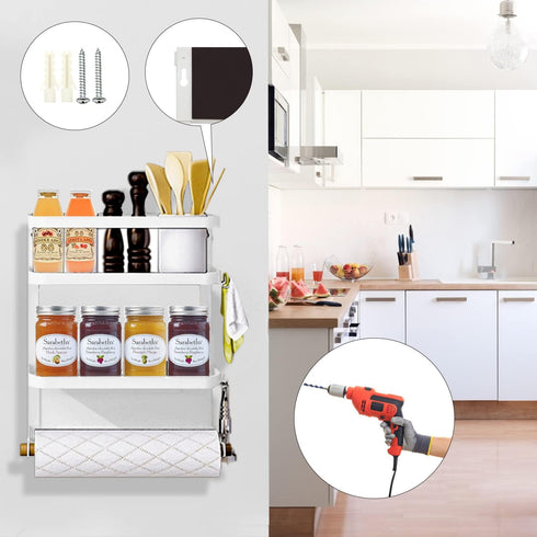 Magnetic Spice Rack for Refrigerator, White Magnetic Paper Towel Holder, Kitchen Organization and Storage