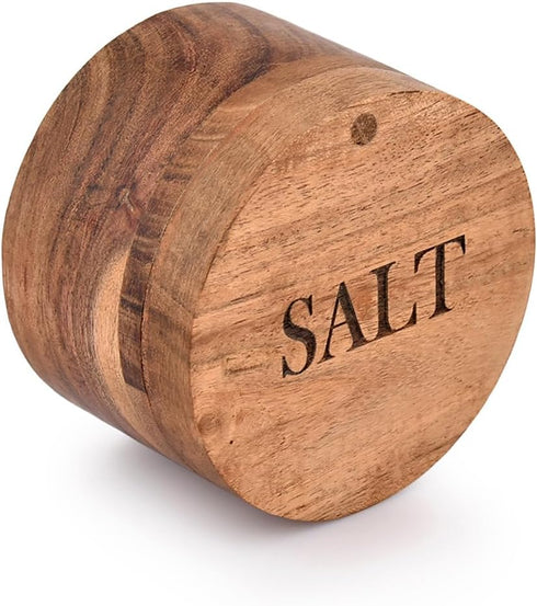 Acacia Wood Round Condiment Pot with Magnetic Swivel Lids, "Salt" Engraved for Kitchen Countertop, 3.5” x 3.5” x 2.5”