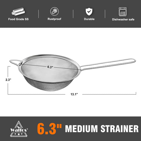 Walfos 6.3 Inch Fine Mesh Strainer, Premium Stainless Steel Sieve for Kitchen Use with Handle