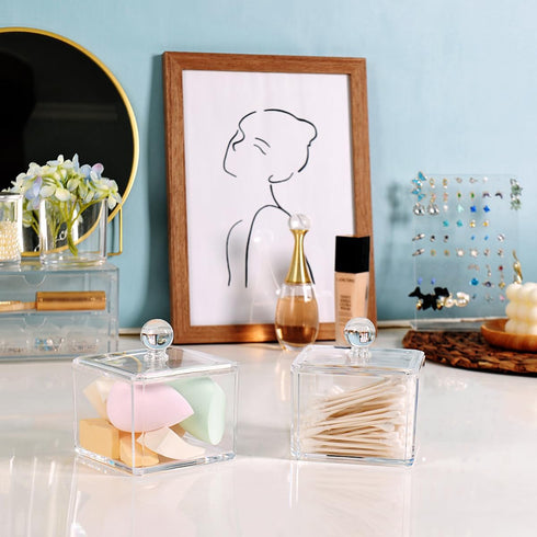 Modern Square Acrylic Qtip Holder | Bathroom Vanity Countertop Storage Organizer for Cotton Swabs and Makeup Sponges