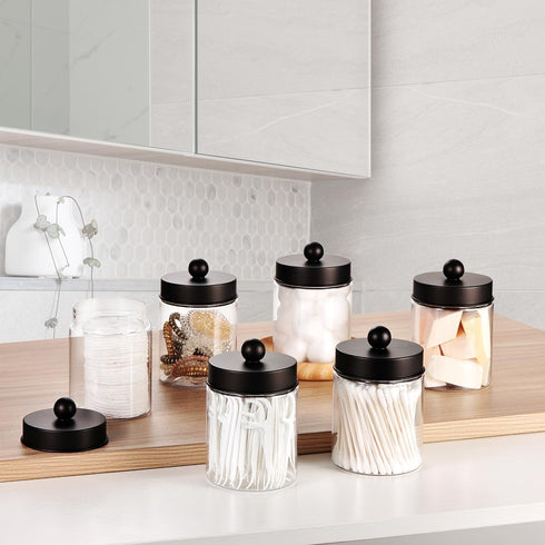 Amolliar Farmhouse Qtip Holder Dispenser for Cotton Swabs, Clear Plastic Apothecary Jar for Bathroom Countertop