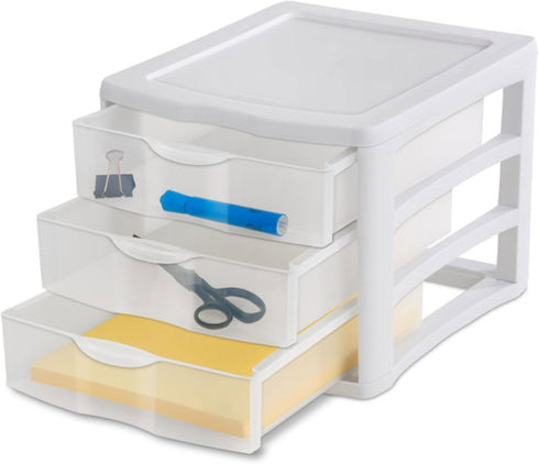 Sterilite 3 Drawer Desktop Storage Unit, White with Clear Drawers, Tabletop Organizer, 4-Pack