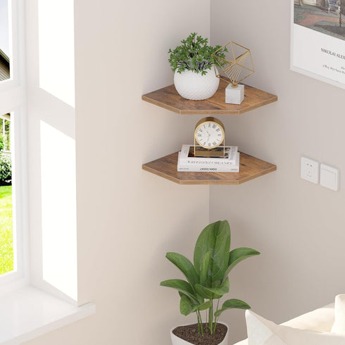 JJL 10.4 Inch Set 2 Corner Wall Shelf, Wooden Corner Shelves, of Floating Shelf for Wall Storage, Wall Mount Corner