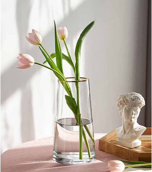 Moden Small Trapezoid Glass Vase with Gold Mouth for Home Wedding Centerpieces Decoration (4.7" x 8.7")