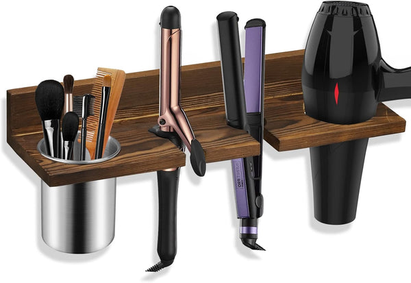 Wall Mounted Hair Tool Organizer, Wooden Blow Dryer Holder for Bathroom, Rustic Styling Tools Organizer for Hair Tools