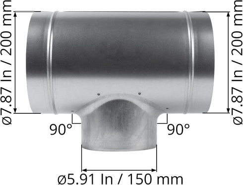 8'' Inch Duct T-Joint Splitter to 6" Inch 90° Degree Branch Connector for Exhaust Systems, T-Shaped Metal Junction