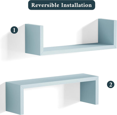 Set 3 SRIWATANA Floating U Shelves Wall Mounted, Solid Wood Wall Shelves of (Blue)