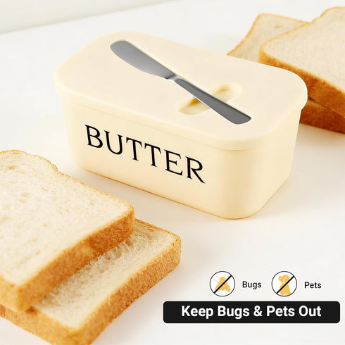 Piunaoa Countertop, White Butter Dish with Lid & Knife - Food-Grade Plastic Container, Large Capacity Holder