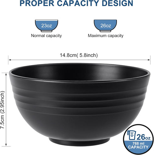 HOTEC Unbreakable Wheat Straw Cereal Bowls - Microwave & Dishwasher Safe Soup and Salad Bowls, Set of 8, 26oz, BPA Free, Black by HOTEC