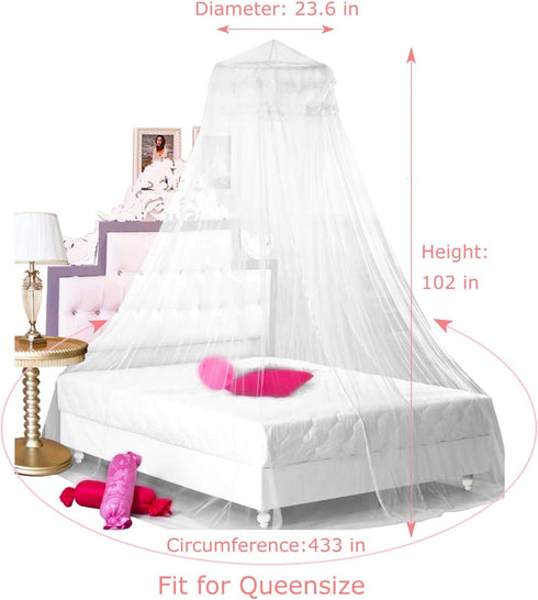 BCBYou Princess Bed Canopy Netting, Mosquito Net Round Lace Dome for Twin, Full, Queen Size Beds