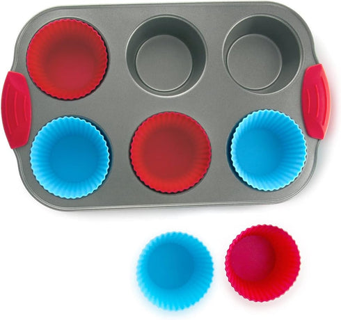 Boxiki Kitchen Non-Stick Steel Muffin Pan, 6 Cup with Silicone Handles and Reusable Liners