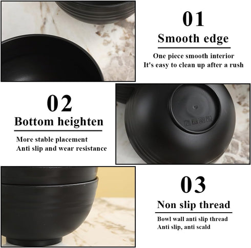 Berglander Set of 12 Black Plastic Bowls, 25oz Reusable Ramen, Soup, Cereal Bowls for Home, Restaurant, Outdoor Use