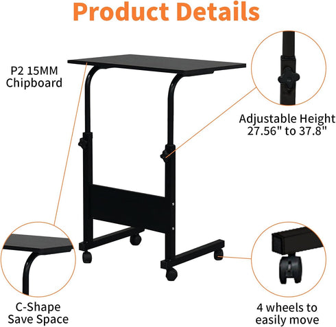 23.6 inch Karl home Small Side Mobile Table Computer Desk with Wheels Height Adjustable Rolling Potable Laptop Cart