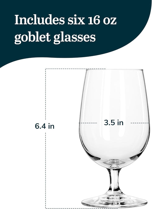 Libbey Stemmed Water Glasses Set of 6, Clear Multi-Purpose Goblet Glasses, Dishwasher Safe 16 oz for Parties