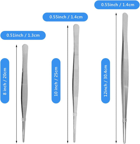 Adecco LLC Stainless Steel Tongs Tweezer, Precision Serrated Tips for Seafood, 8" 10" 12"