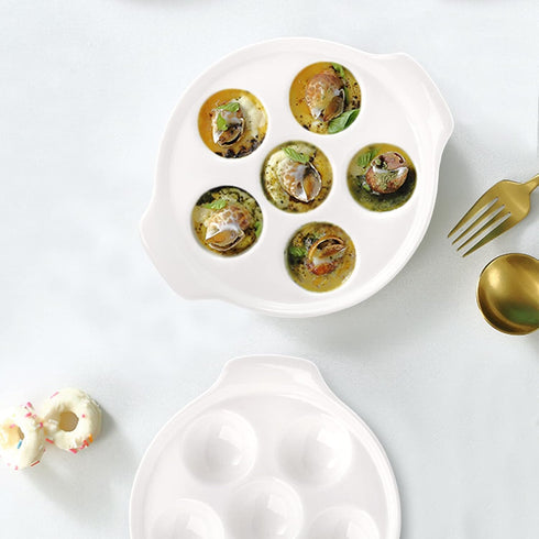 Okllen 4 Pack Ceramic Escargot Plates, 6.5 Inch Seafood Snail Dish with Handles, White Baking Dish