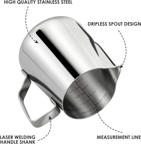 Milk Frothing Pitcher, 12oz Espresso Steaming Pitcher, Stainless Steel Milk Jug Cup with Decorating Pen
