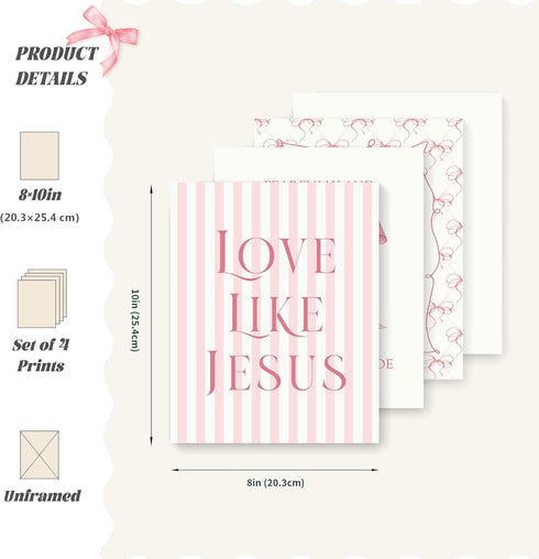 LARTSFRO 10x8 Inch Set 4 Coquette Pink Bow Jesus Wall Art Decor Posters, Light Pink Bow Christian Room Bedroom Bathroom