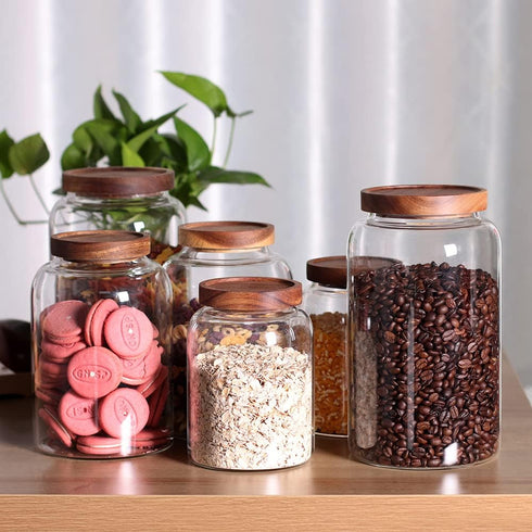 Large Glass Food Canisters, 93 FL OZ Kitchen Storage Container with Airtight Wooden Lids