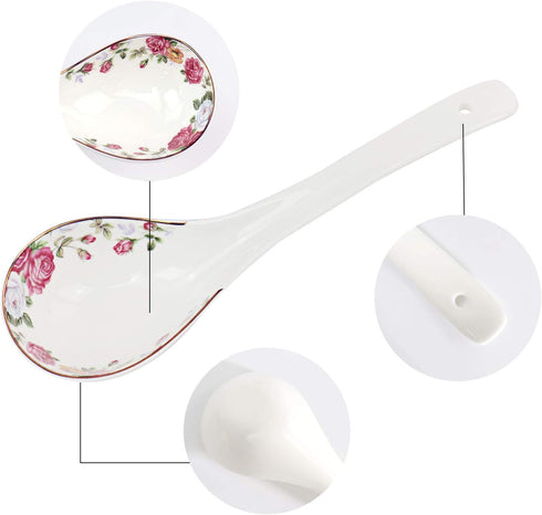 Big Porcelain Spoon, Bone China Large Porridge Spoon, White Ceramic Flatware Soup Spoon with Flower Pattern