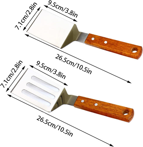 2 PCS Metal Spatula for Cast Iron Skillet, Stainless Steel Slotted Turner with Wood Handle, Flat Top Grill Spatulas