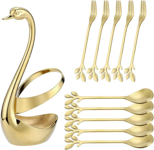 AnSaw Gold Swan Base Holder Set with 10 Pcs Mini Leaf Teaspoons & Dessert Forks - Perfect for Appetizers, Salads