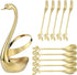 AnSaw Gold Swan Base Holder Set with 10 Pcs Mini Leaf Teaspoons & Dessert Forks - Perfect for Appetizers, Salads