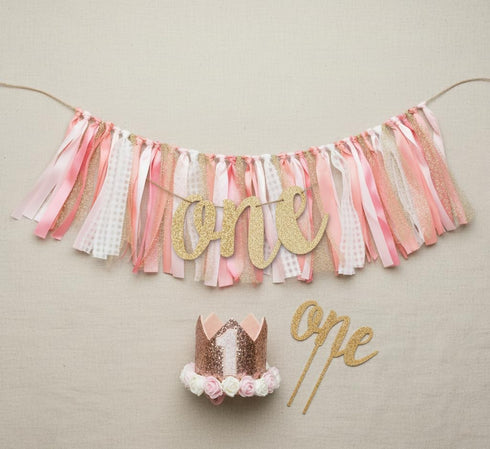 1st Set PapaKit Girls Birthday High Chair Premium Decoration - Pink & Gold Ribbon Garland, Crown, One Banner & Cake