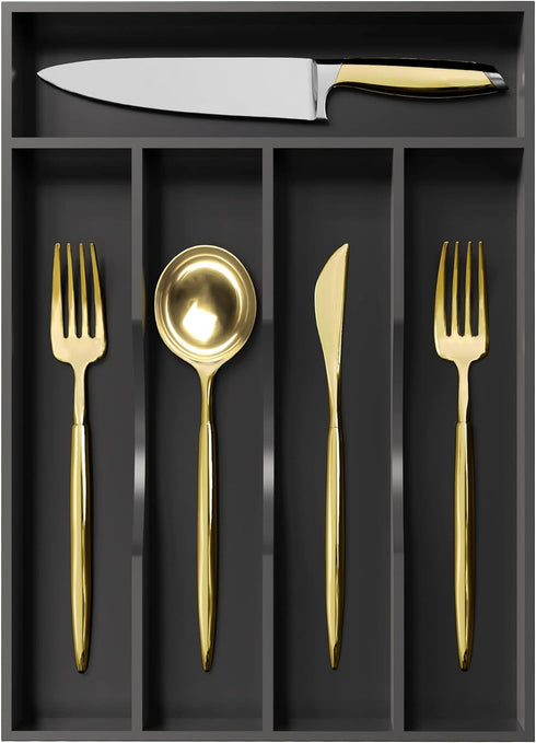 Black Bamboo Silverware Organizer - 10 In Utensil Tray for Kitchen Drawer, Cutlery Flatware Organizer